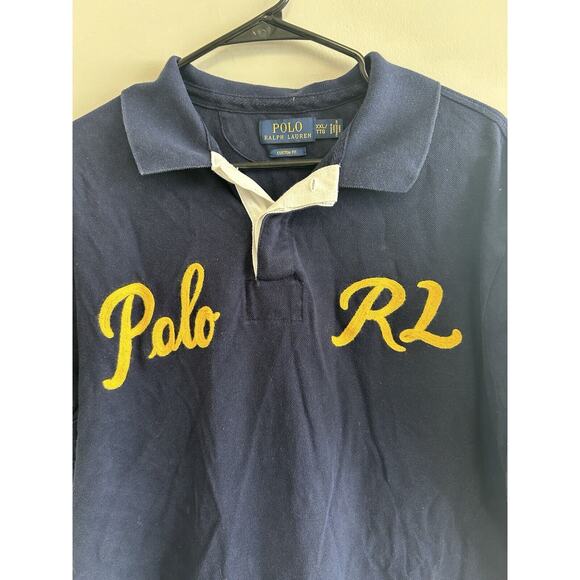 Polo Ralph Lauren Navy Blue 67 Embroidered Yellow Logo Rugby Polo Shirt Size XXL - Picture 2 of 8